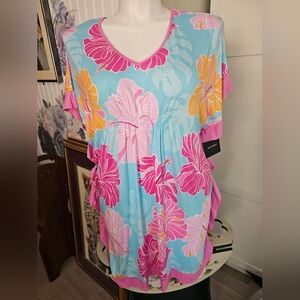 NWT Ellen Tracy Caftan Nightgown S/M Short Sleepwear Lounge Dress Blue Pink Flor
